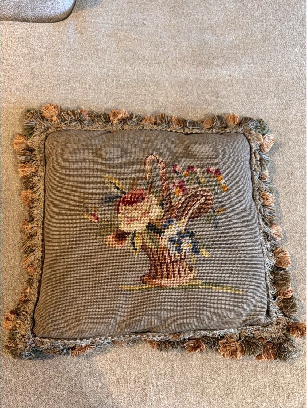 Vintage Needle Point Pillow With Tassels